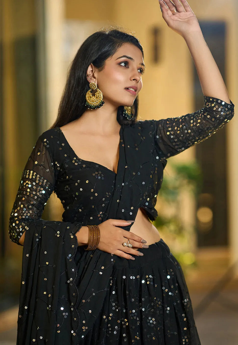 Embroidered Georgette Lehenga in Black