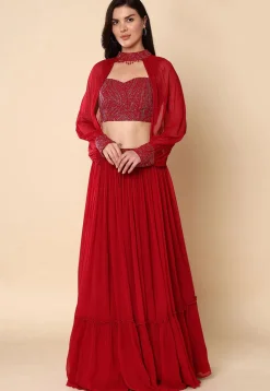 Embroidered Georgette Lehenga in Red