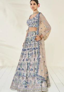 Embroidered Georgette Lehenga in Beige and Blue