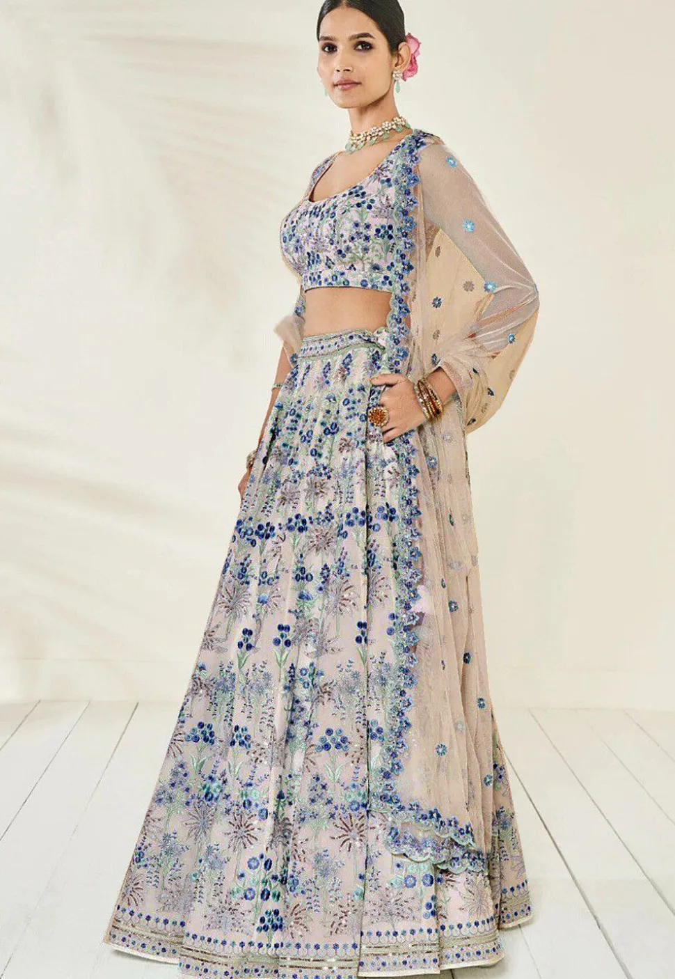 Embroidered Georgette Lehenga in Beige and Blue