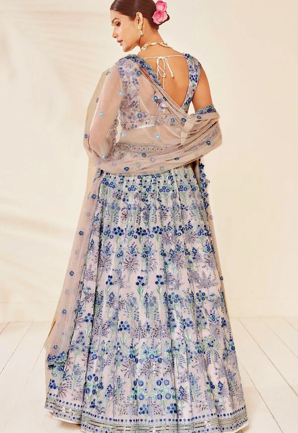 Embroidered Georgette Lehenga in Beige and Blue