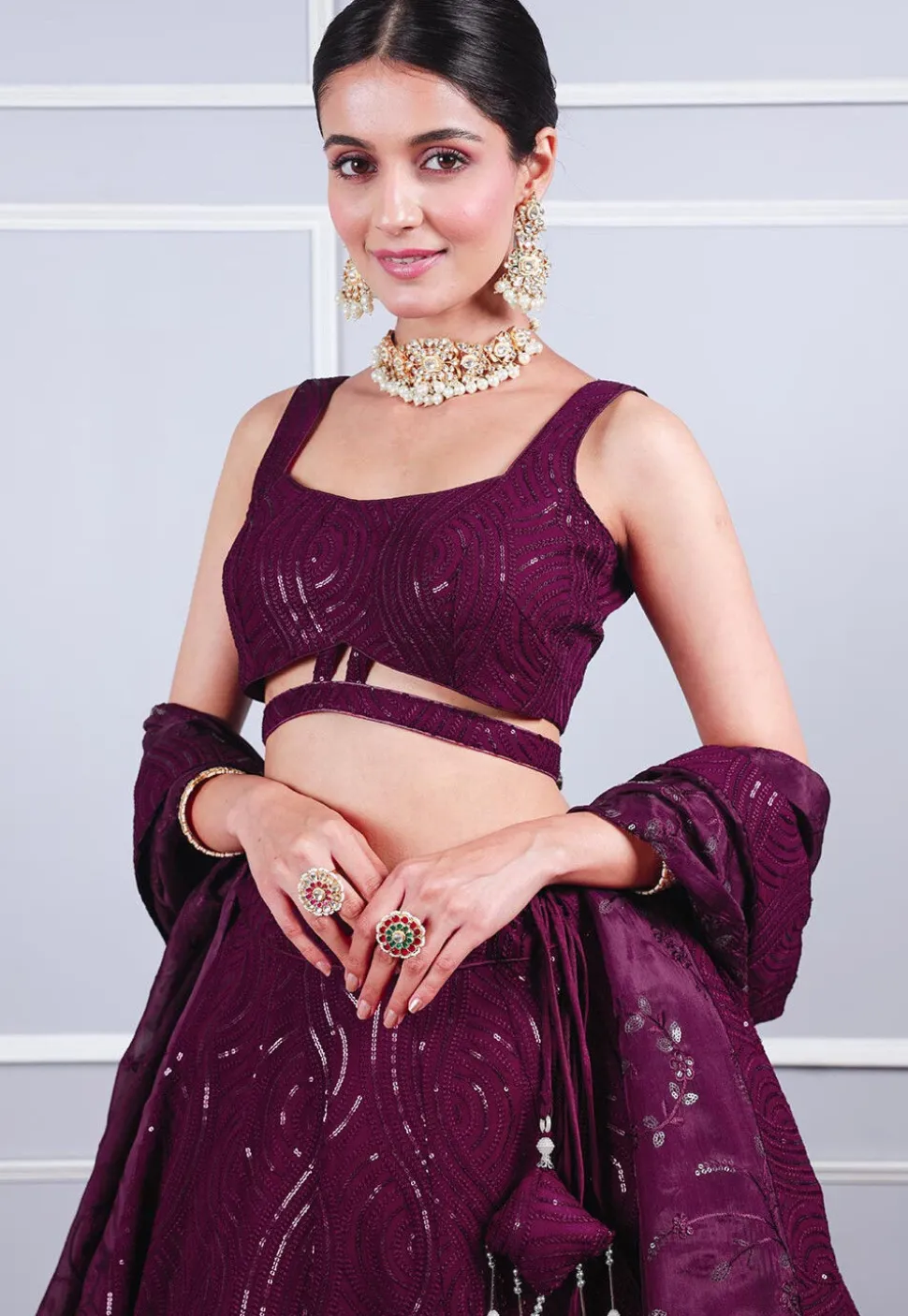 Embroidered Georgette Lehenga in Wine