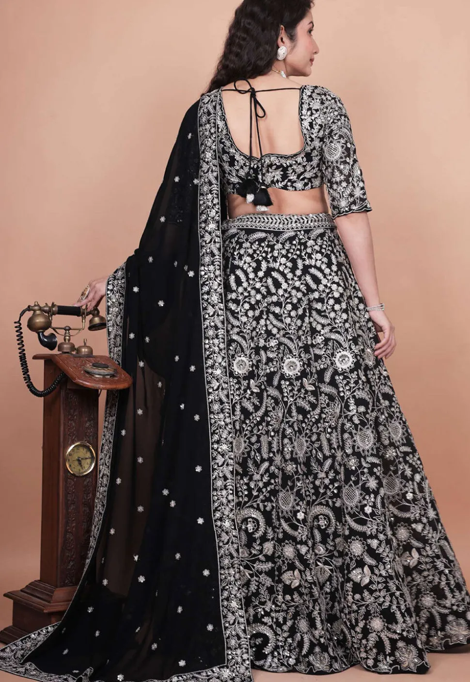 Embroidered Georgette Lehenga in Black