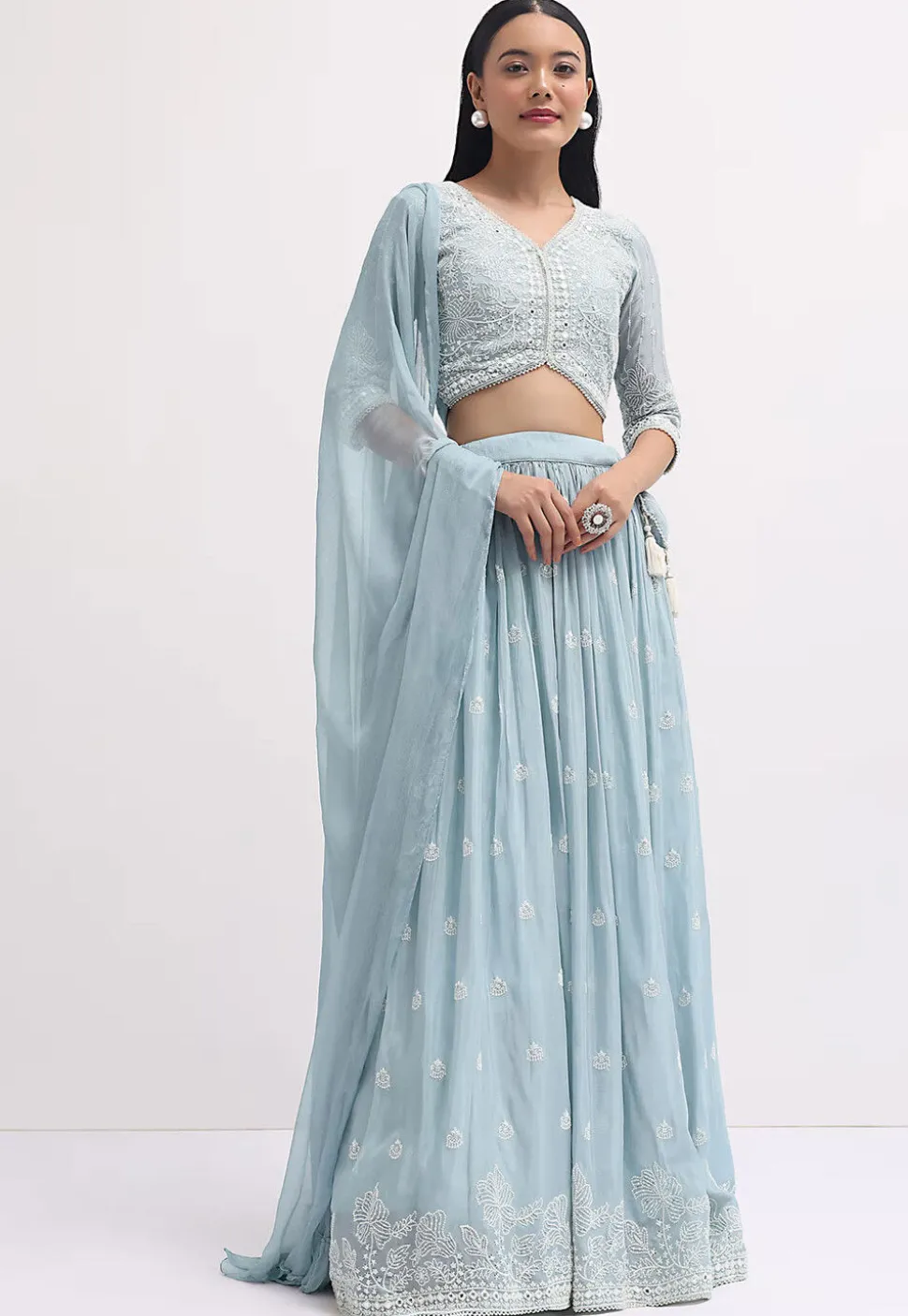 Embroidered Georgette Lehenga in Light Blue