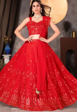 Embroidered Georgette Lehenga in Red