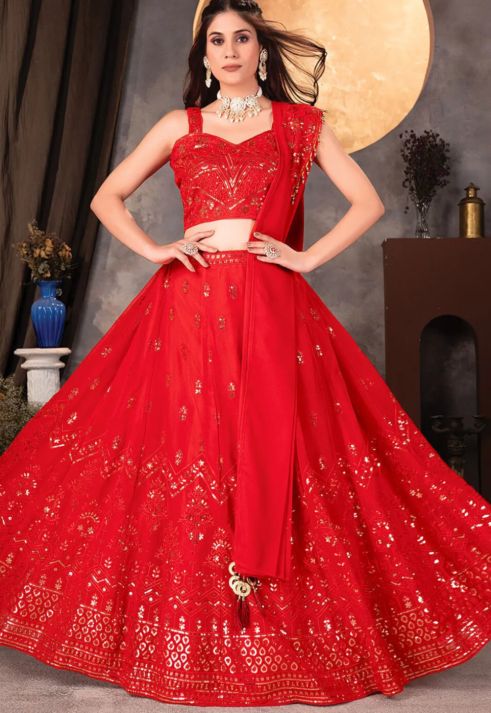 Embroidered Georgette Lehenga in Red