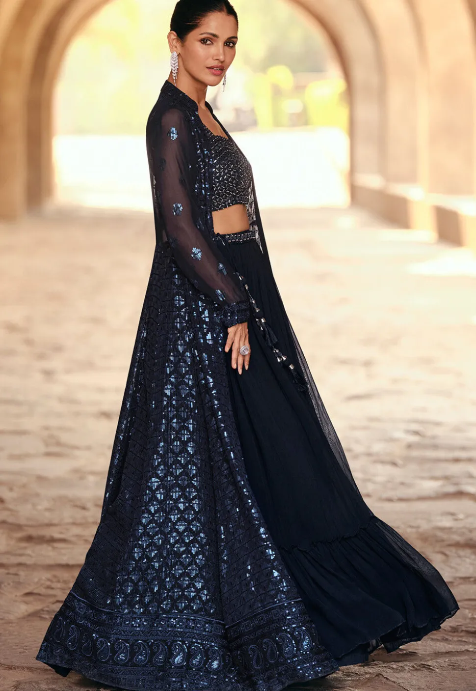Embroidered Georgette Lehenga in Navy Blue