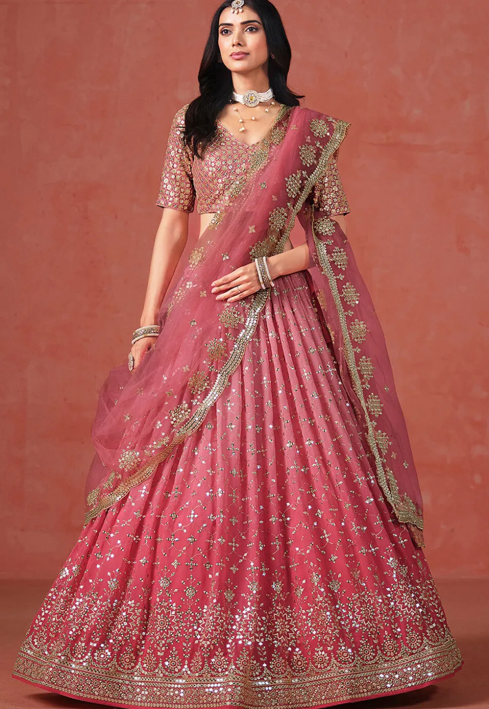 Embroidered Georgette Lehenga in Pink