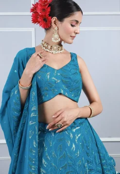 Embroidered Georgette Lehenga in Teal Blue