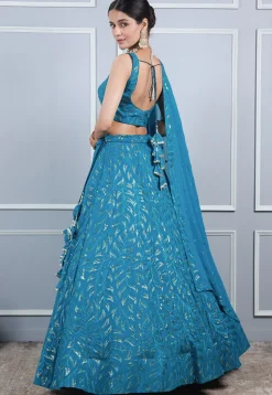 Embroidered Georgette Lehenga in Teal Blue