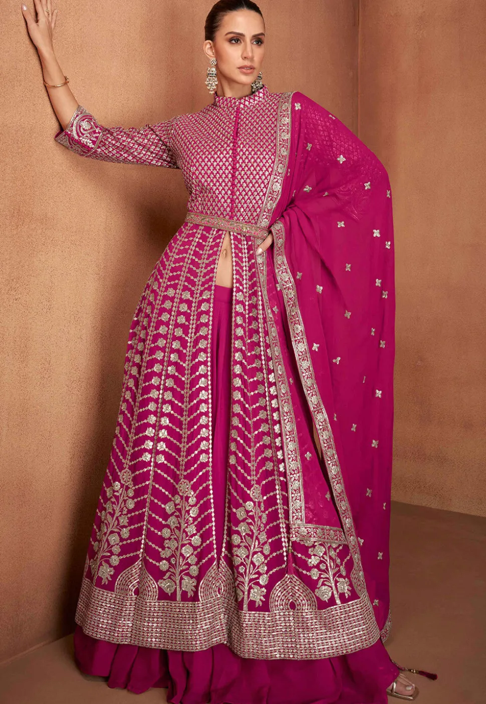 Embroidered Georgette Lehenga in Fuchsia