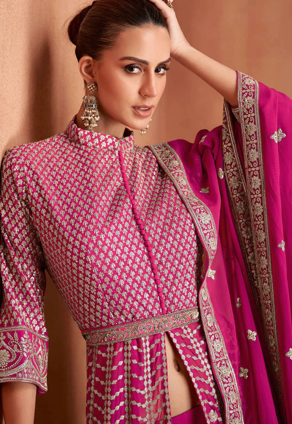 Embroidered Georgette Lehenga in Fuchsia