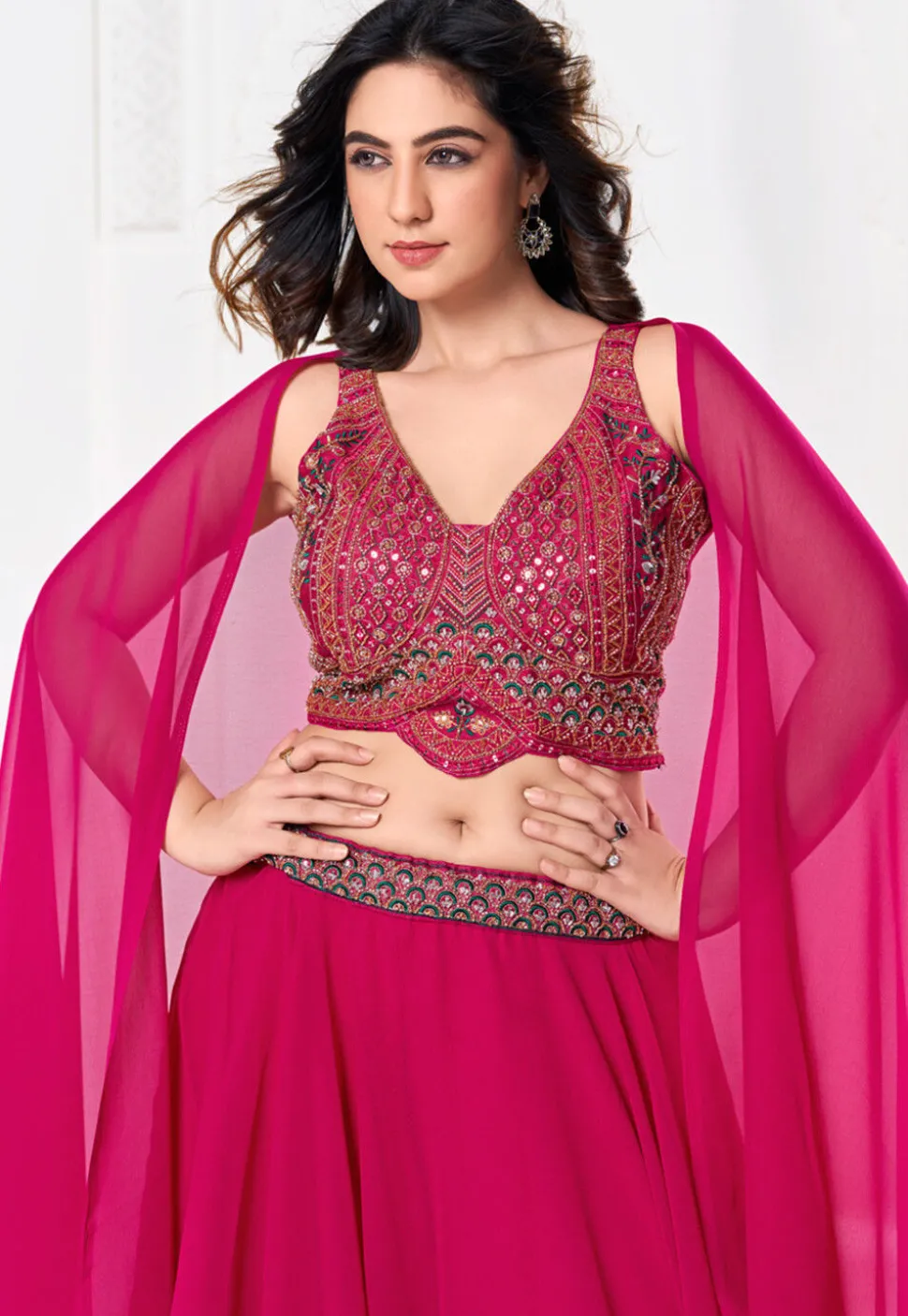 Embroidered Georgette Lehenga in Pink