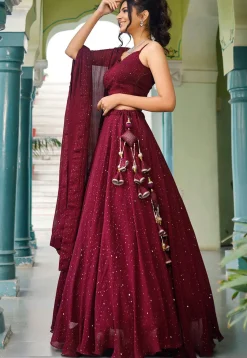 Embroidered Georgette Lehenga in Maroon