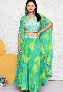 Embroidered Georgette Lehenga in Sea Green and Yellow