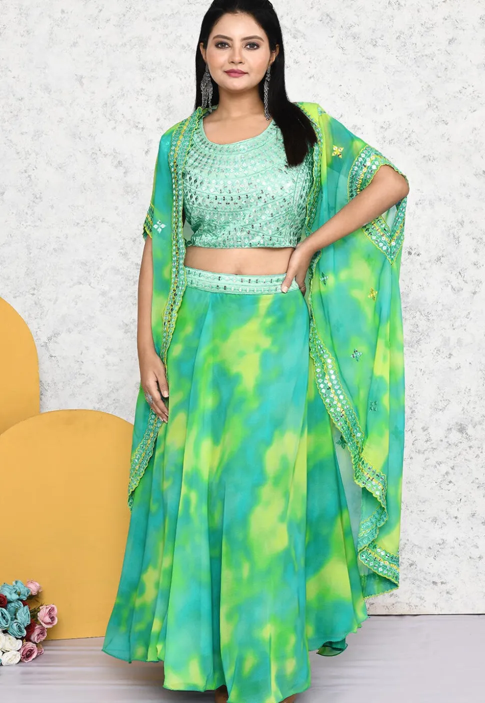 Embroidered Georgette Lehenga in Sea Green and Yellow