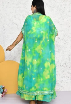 Embroidered Georgette Lehenga in Sea Green and Yellow