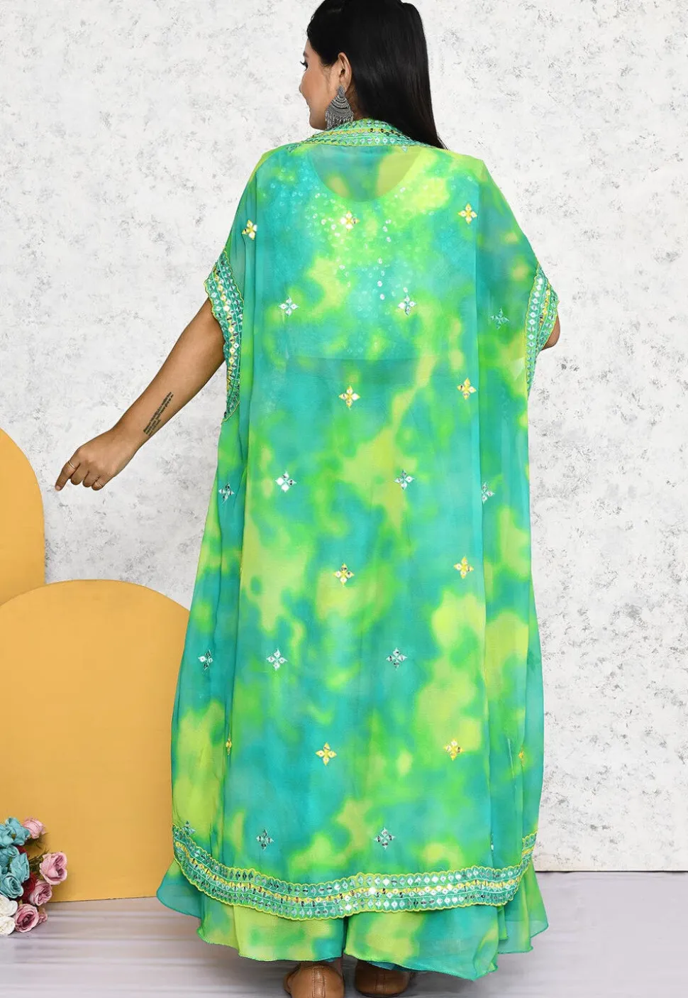 Embroidered Georgette Lehenga in Sea Green and Yellow