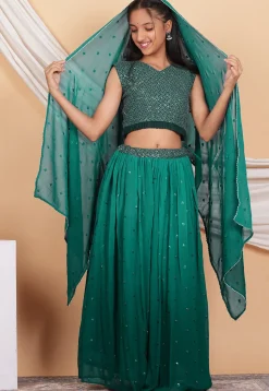 Embroidered Georgette Lehenga in Shaded Teal Green