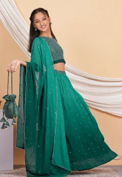 Embroidered Georgette Lehenga in Shaded Teal Green