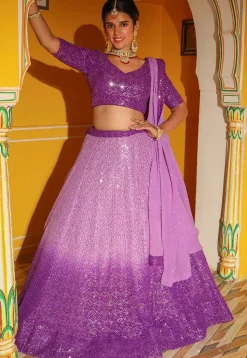 Embroidered Georgette Lehenga in Shaded Purple