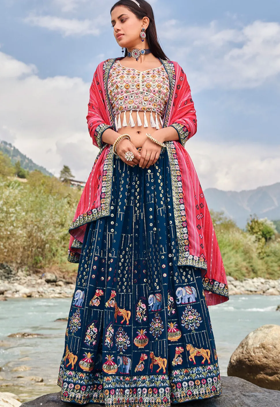 Embroidered Georgette Lehenga in Blue