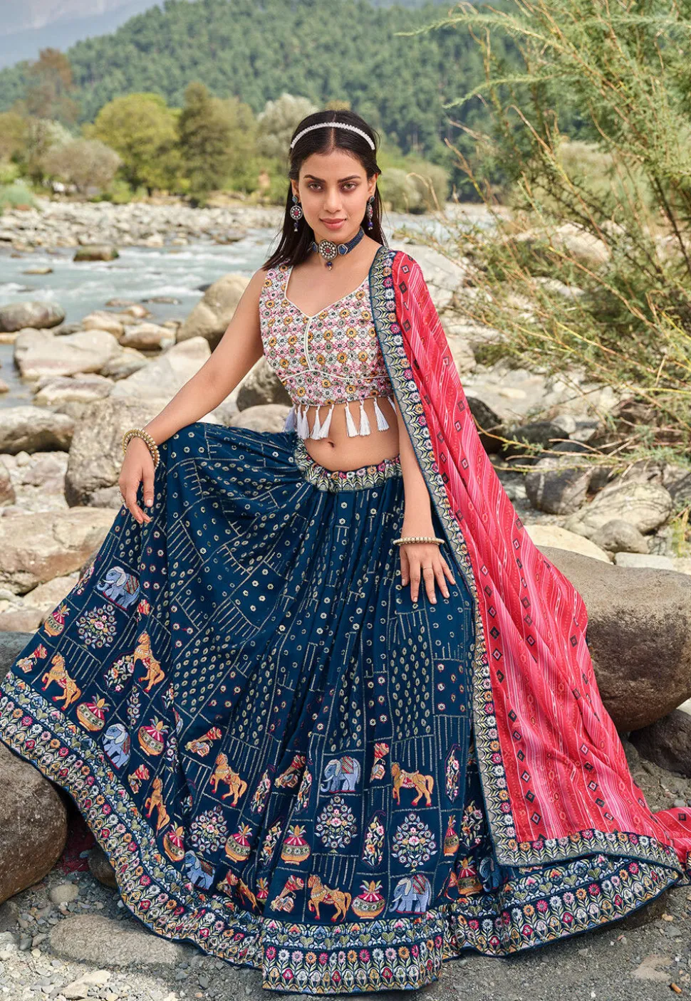 Embroidered Georgette Lehenga in Blue