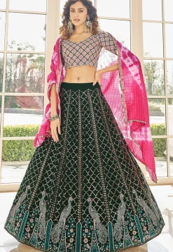 Embroidered Georgette Lehenga in Green