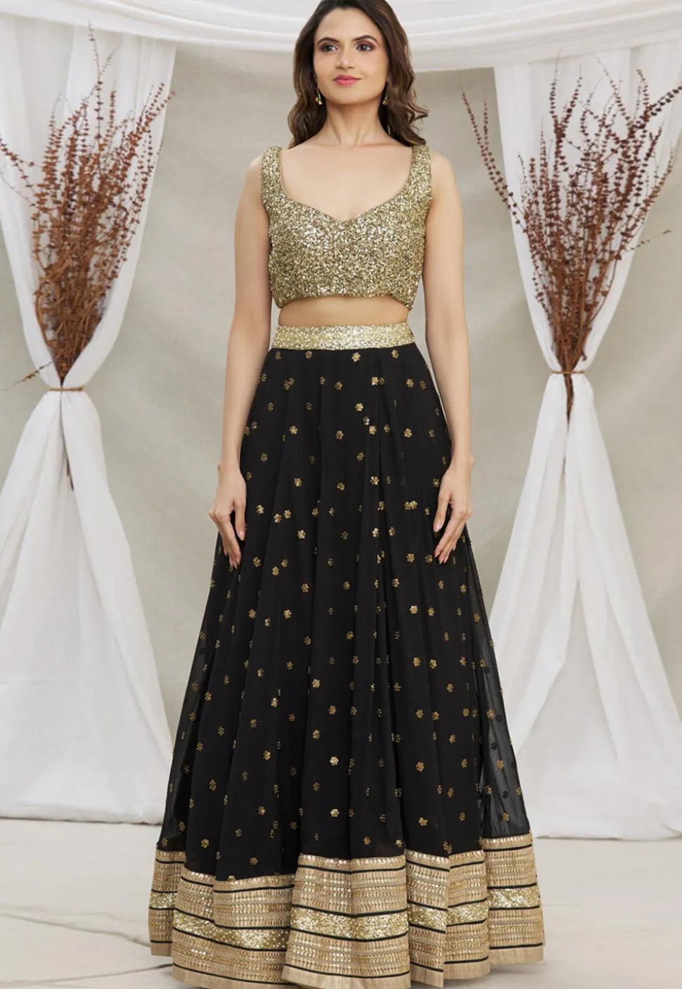 Embroidered Georgette Lehenga in Black
