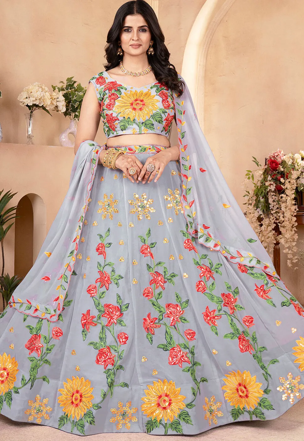 Embroidered Georgette Lehenga in Grey