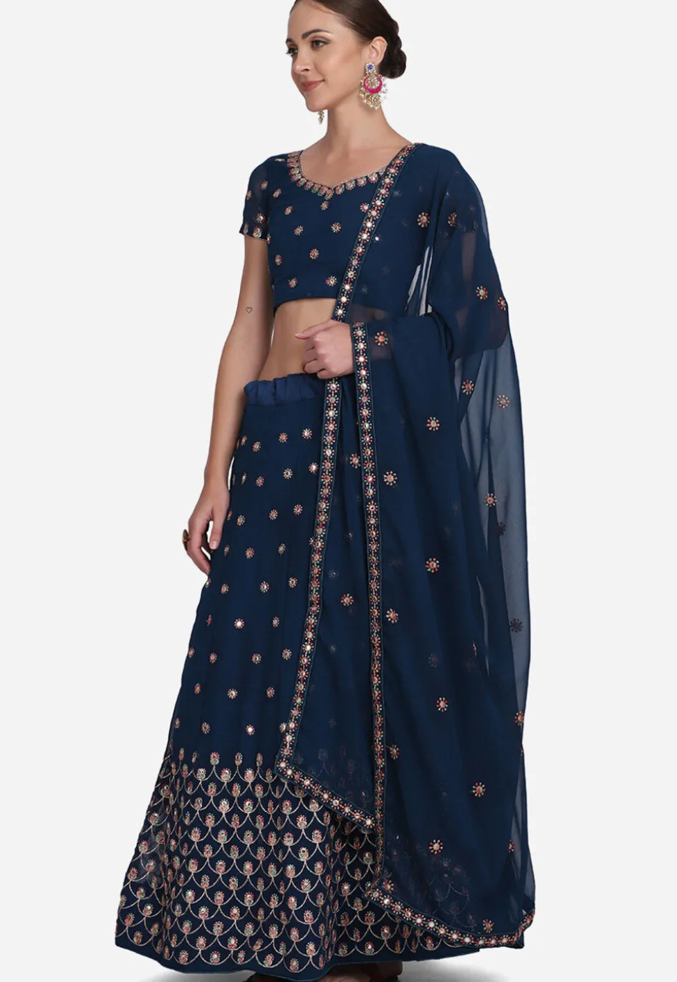 Embroidered Georgette Lehenga in Teal Blue