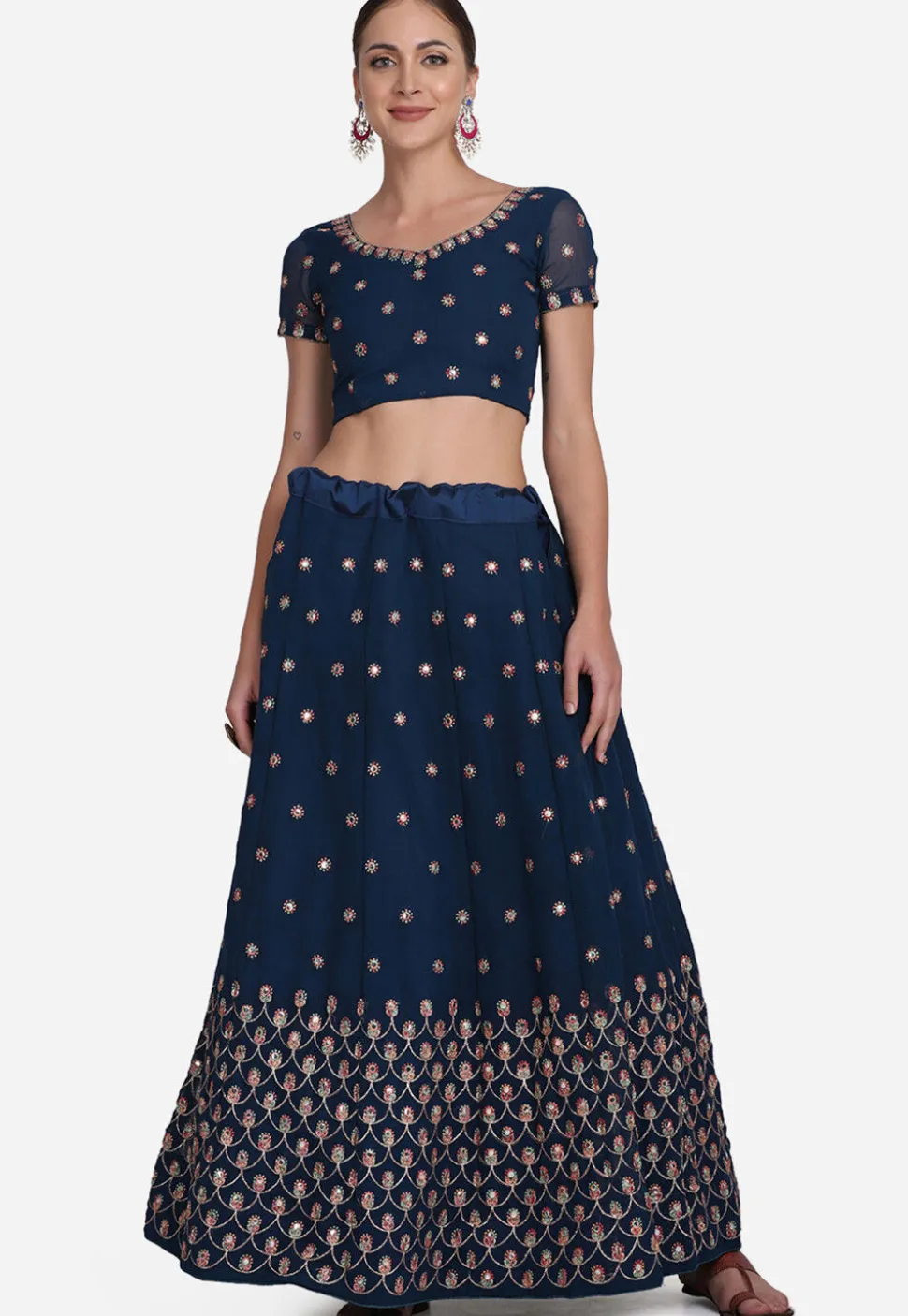 Embroidered Georgette Lehenga in Teal Blue