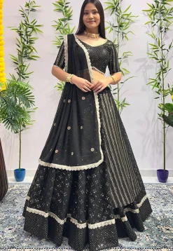 Embroidered Georgette Lehenga in Black