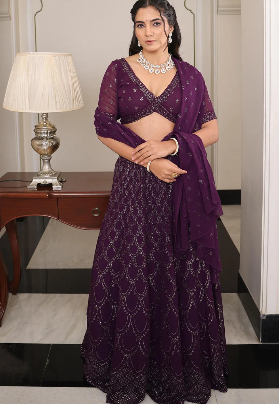 Embroidered Georgette Lehenga in Violet