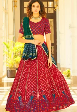 Embroidered Georgette Lehenga in Red