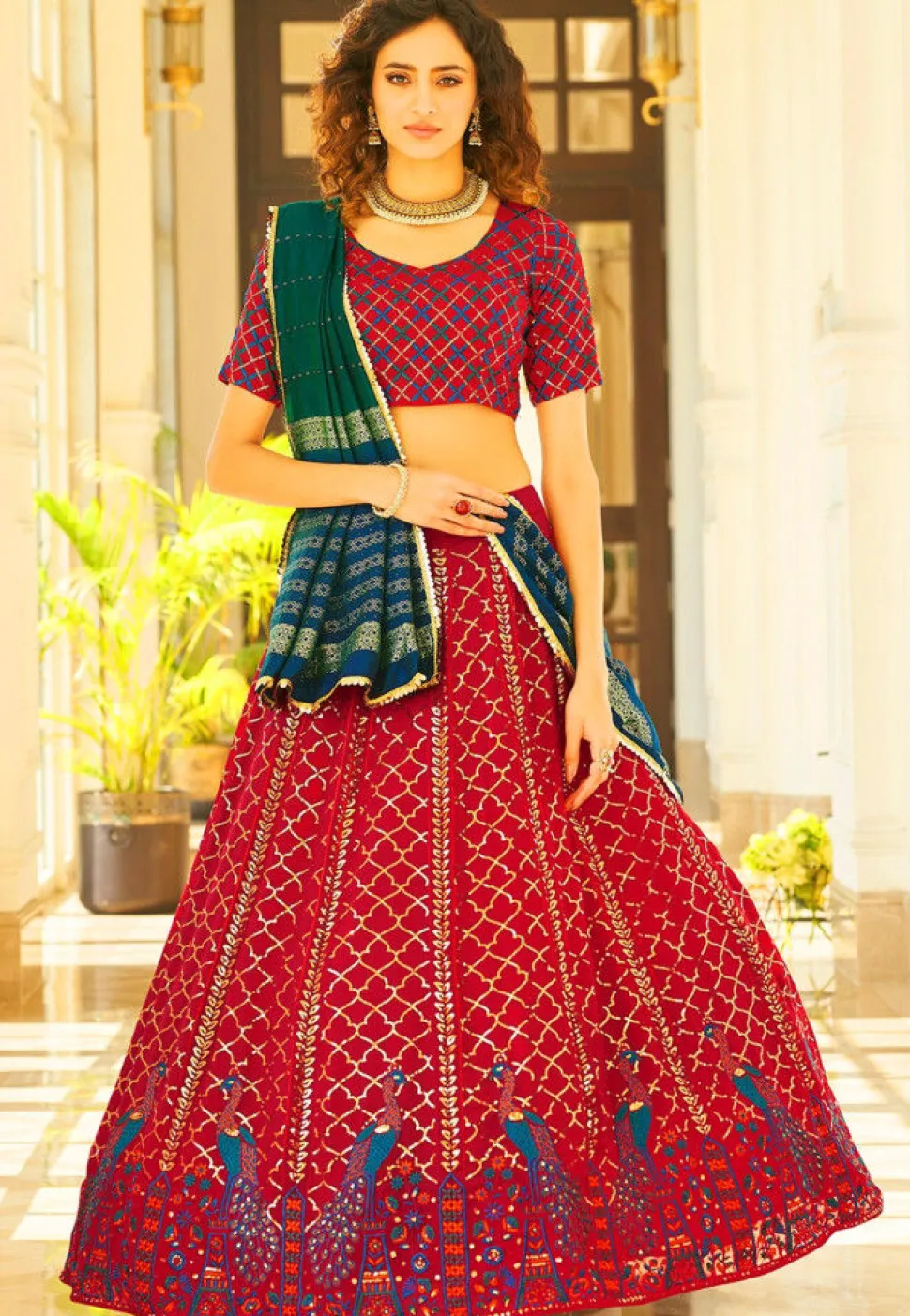 Embroidered Georgette Lehenga in Red