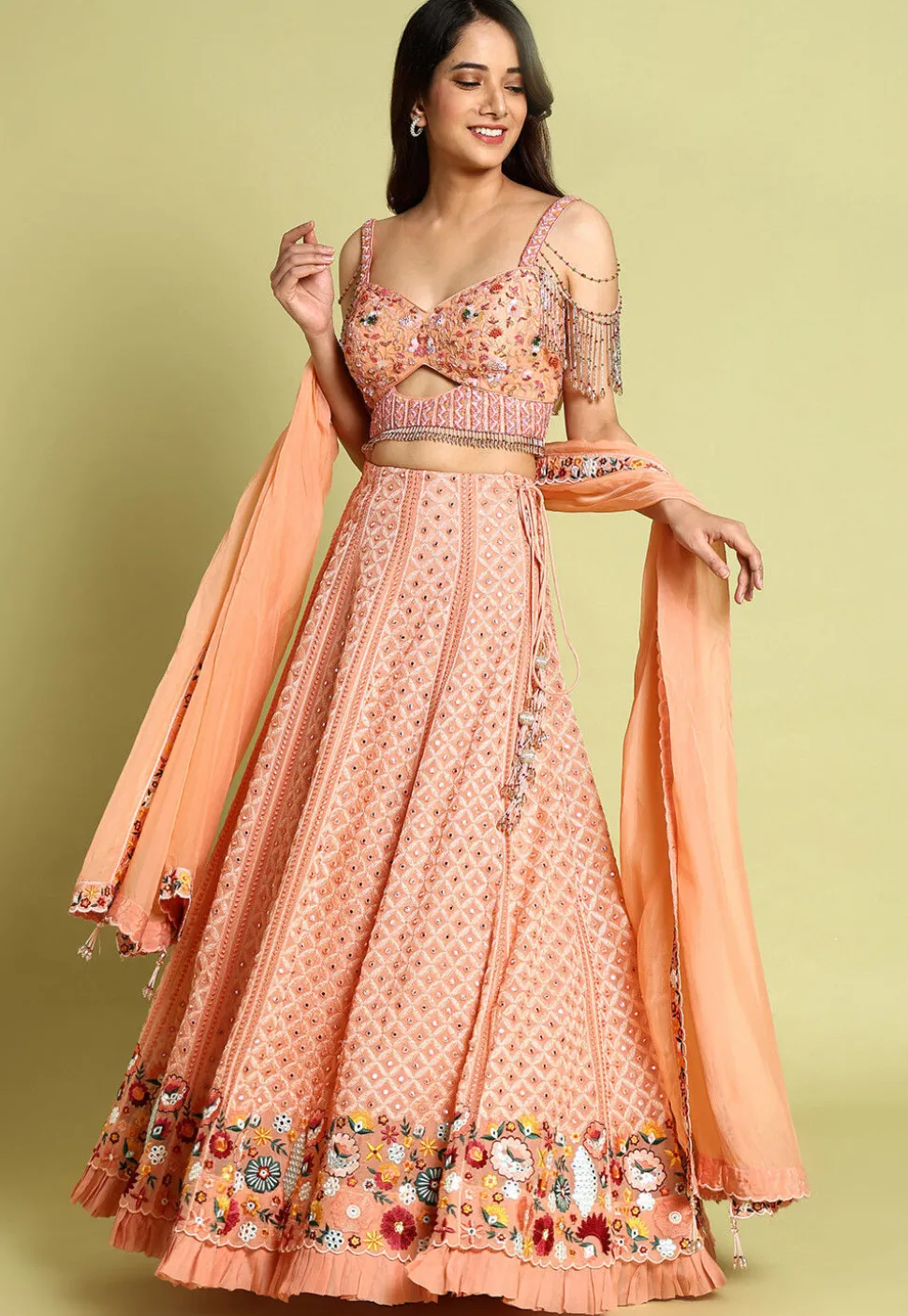 Embroidered Georgette Lehenga in Peach