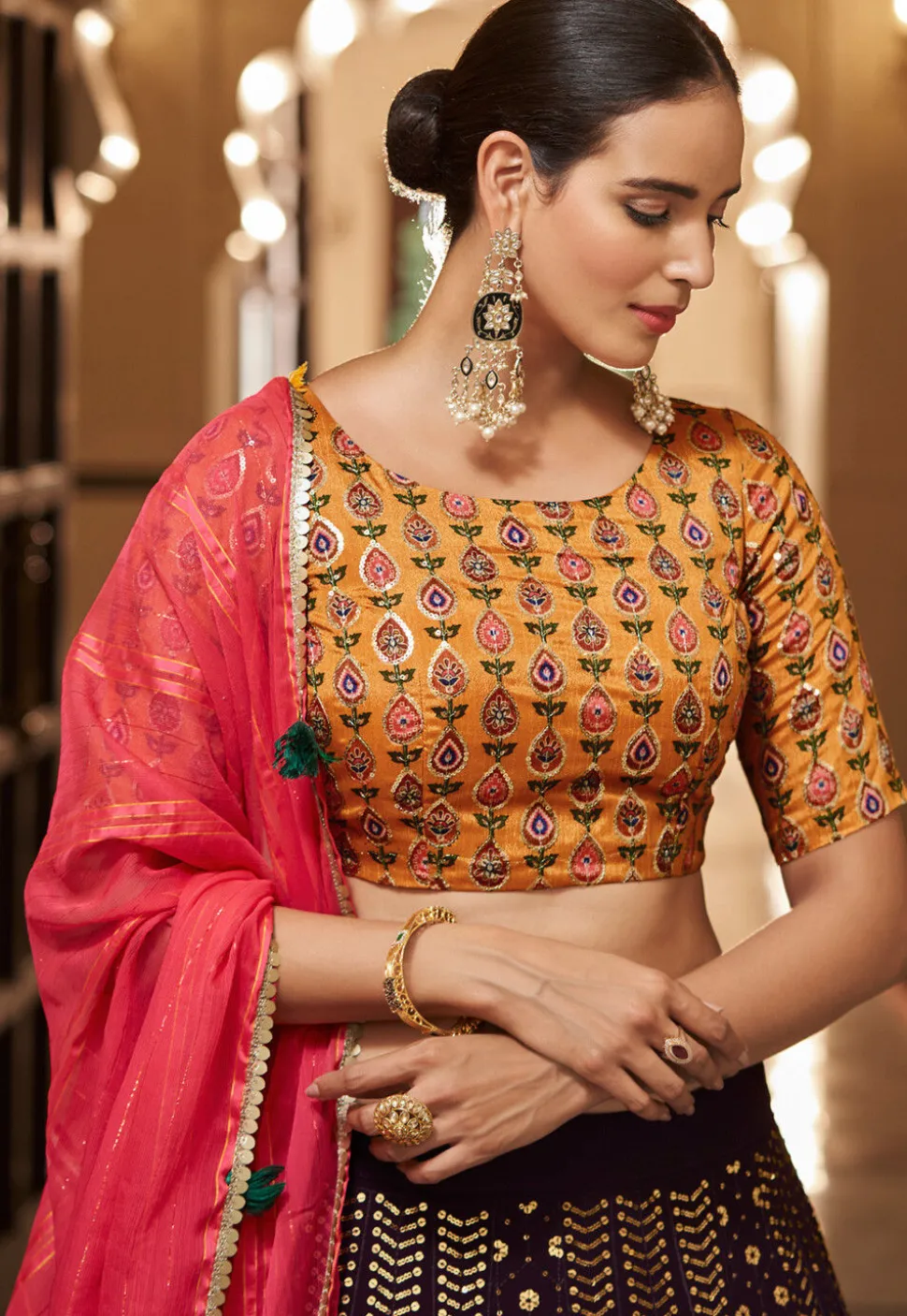 Embroidered Georgette Lehenga in Wine