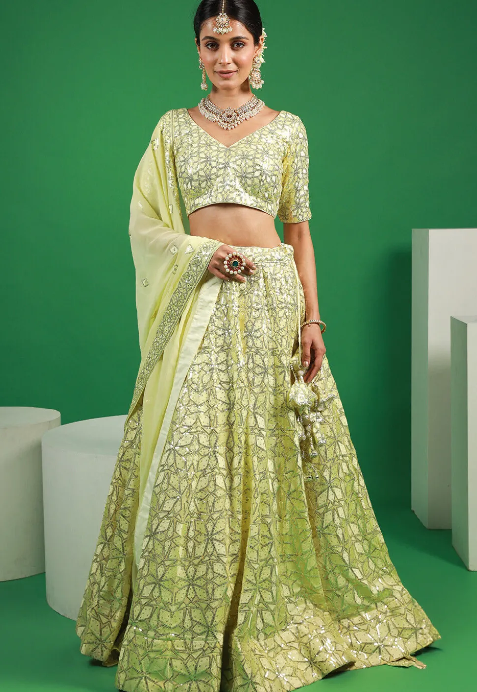 Embroidered Georgette Lehenga in Pastel Yellow