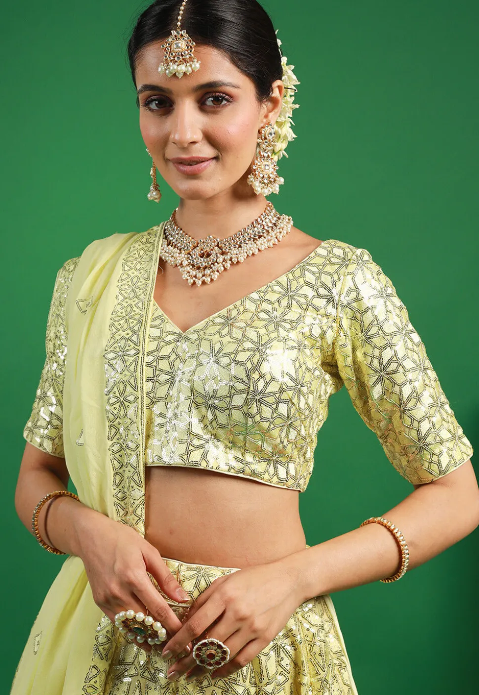 Embroidered Georgette Lehenga in Pastel Yellow
