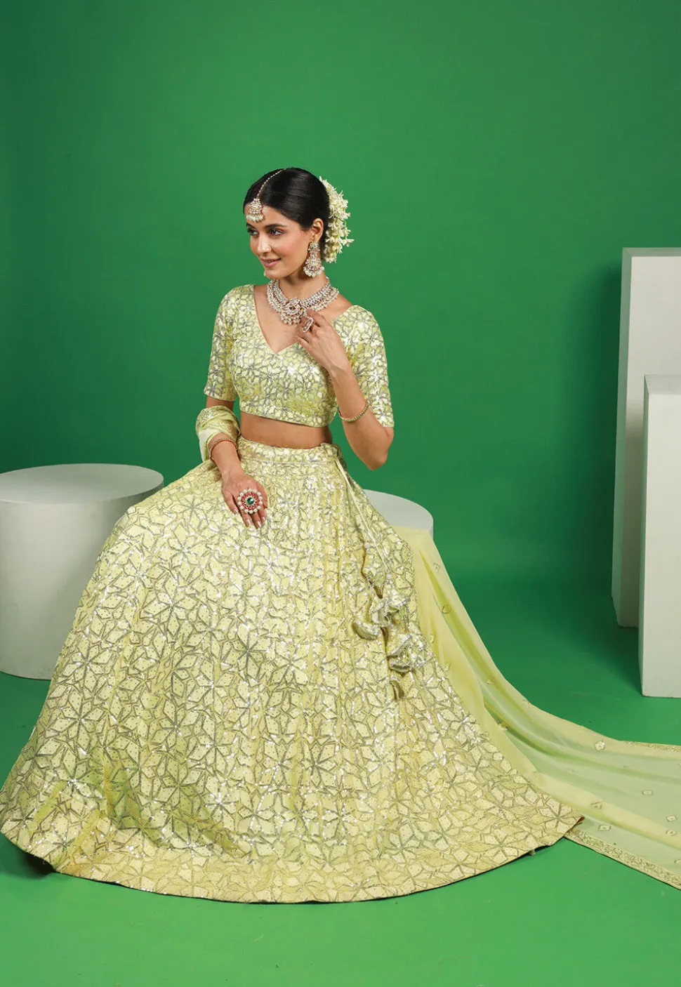 Embroidered Georgette Lehenga in Pastel Yellow
