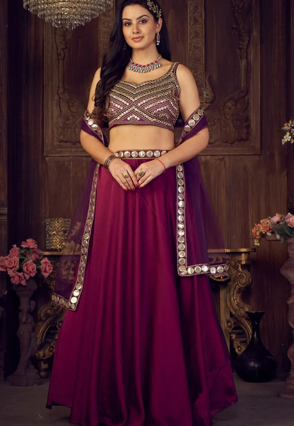 Embroidered Georgette Lehenga in Purple