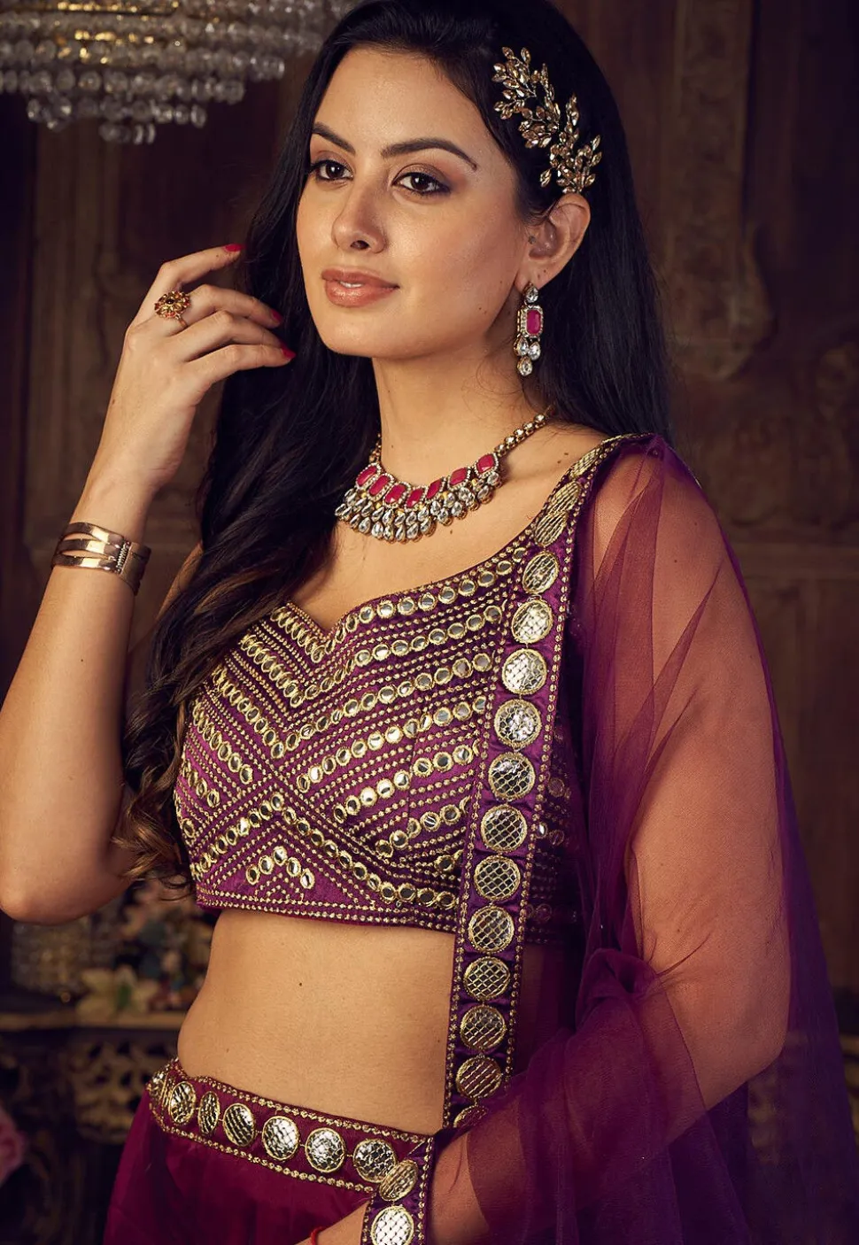 Embroidered Georgette Lehenga in Purple