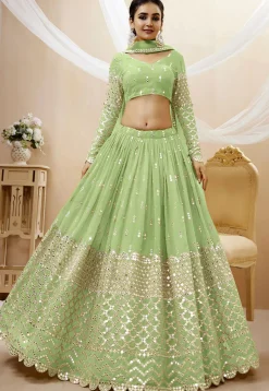 Embroidered Georgette Lehenga in Light Green
