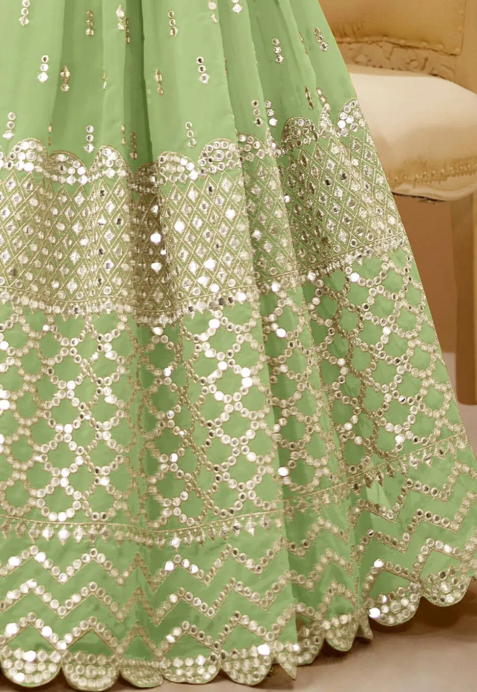 Embroidered Georgette Lehenga in Light Green