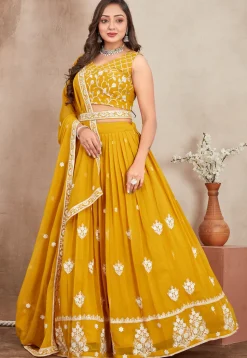 Embroidered Georgette Lehenga in Mustard