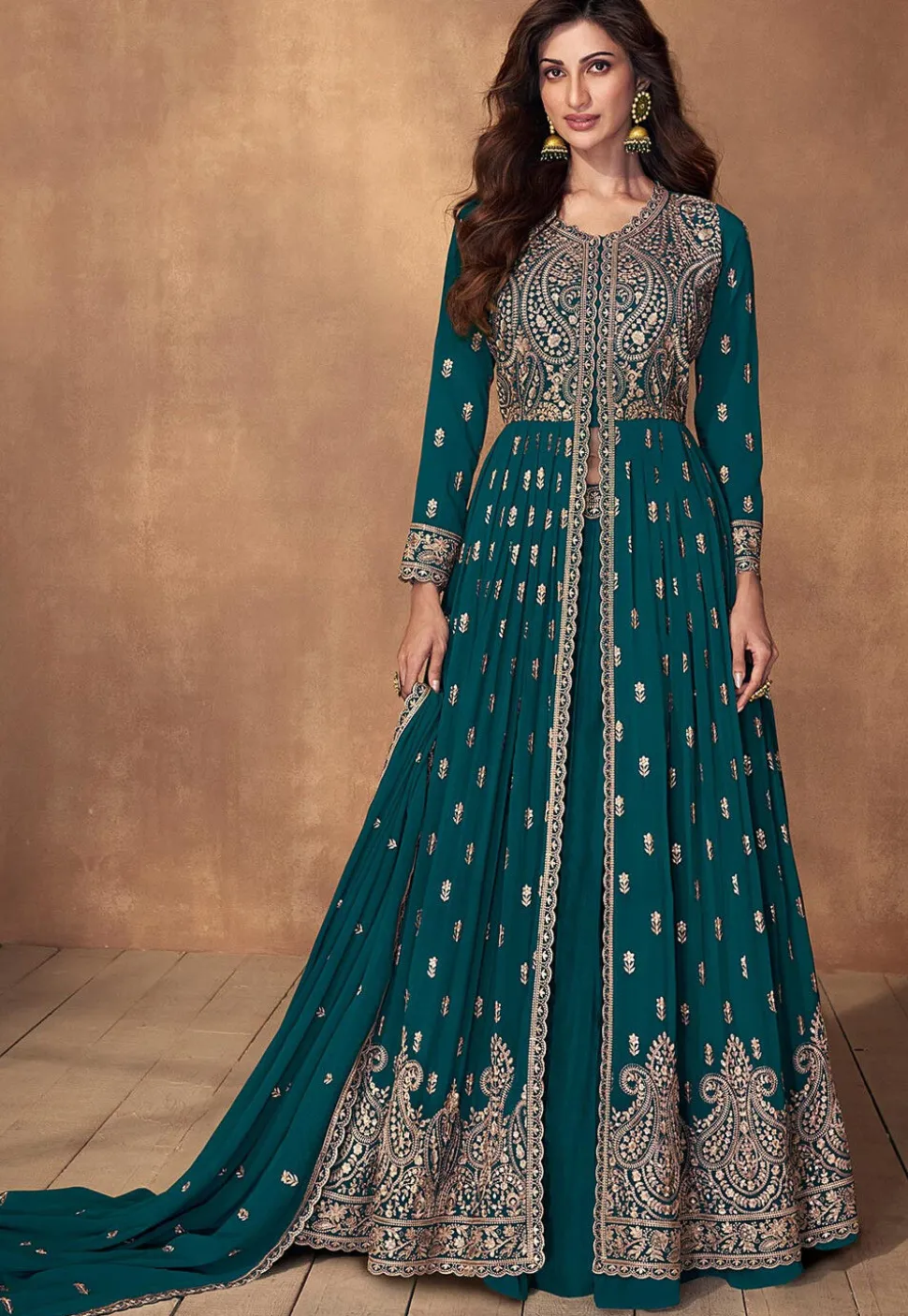 Embroidered Georgette Lehenga in Teal Blue