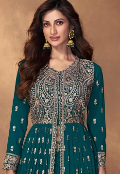 Embroidered Georgette Lehenga in Teal Blue
