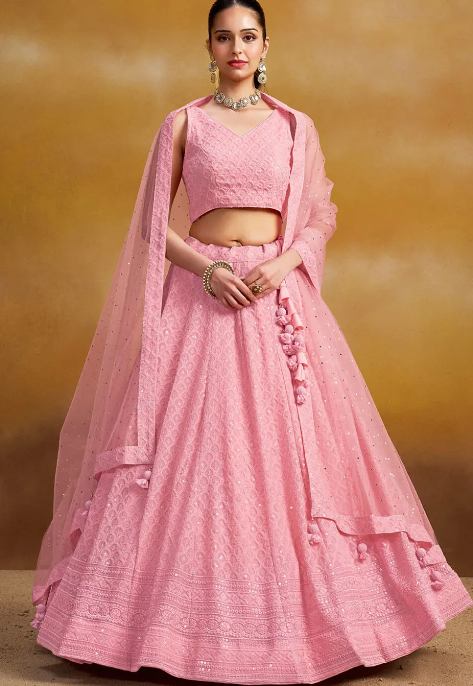 Embroidered Georgette Lehenga in Pink