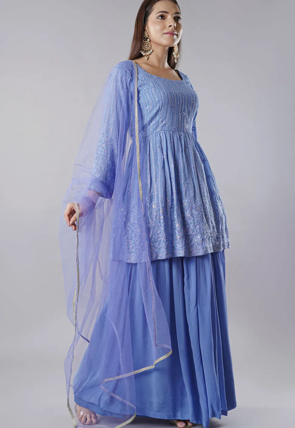 Embroidered Georgette Lehenga in Indigo Blue